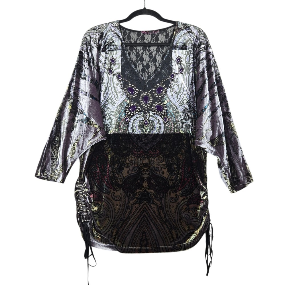 Whimsygoth Paisley Velvet Tunic Top Womens L Purple Beaded Lace V Neck Stretch